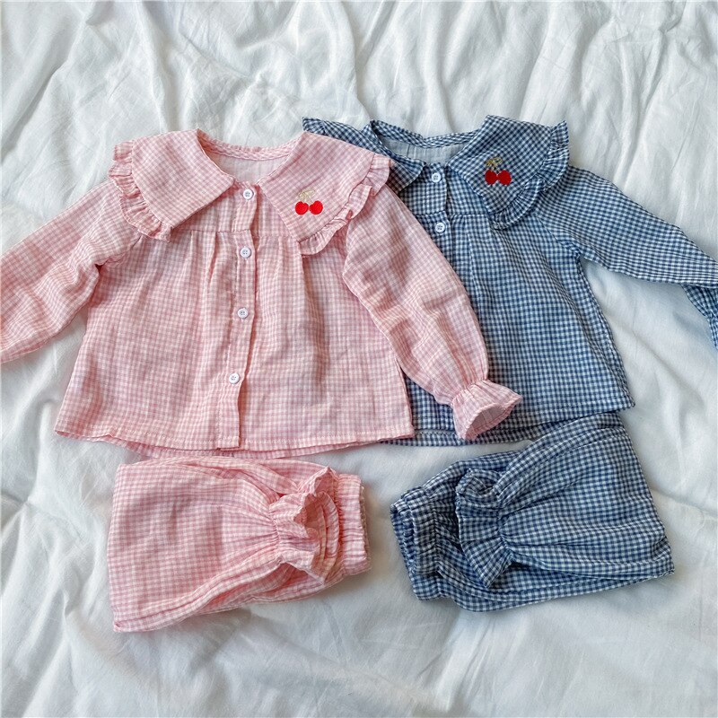 Herfst Vallen Kleding Voor Kids Baby Meisje Pyjama Set Geborduurd Cherry Katoen Thuis Peuter Nachtkleding Nachtkleding 1 Tot 8 jr