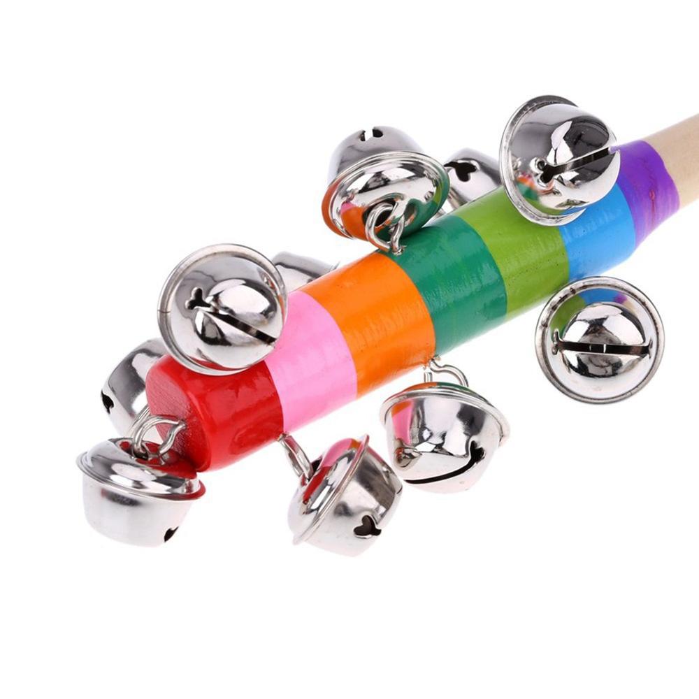 Hand Held Bell Stick Houten Met 10 Metalen Jingles Bal Kleurrijke Regenboog Percussion Musical Speelgoed Voor Ktv Party Kids game