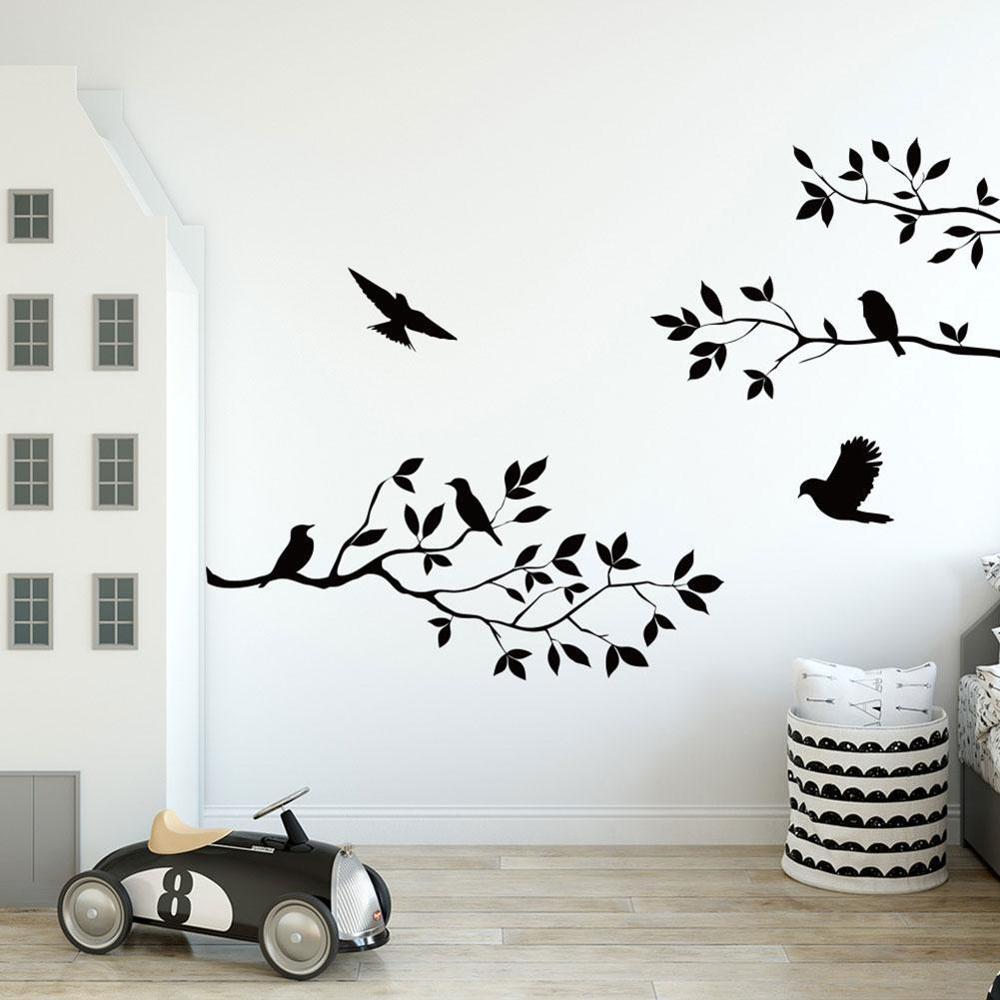 Sort fugl træ gren vinyl vægoverføringsbilleder til soveværelse diy hjem indendørs væg kunst indretning aftagelige klistermærker