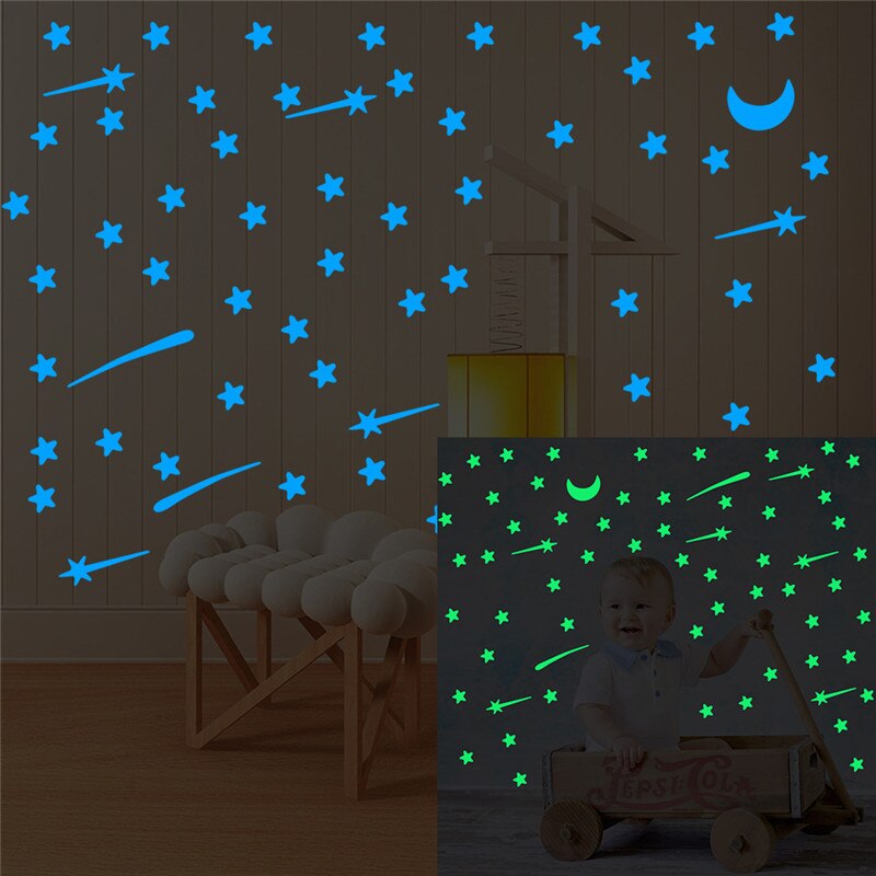 103 Stuks Lichtgevende Sterren Meteoor Maan Muursticker Voor Kinderkamer Woonkamer Slaapkamer Decoratie Decals Glow In The Dark 3D Stickers