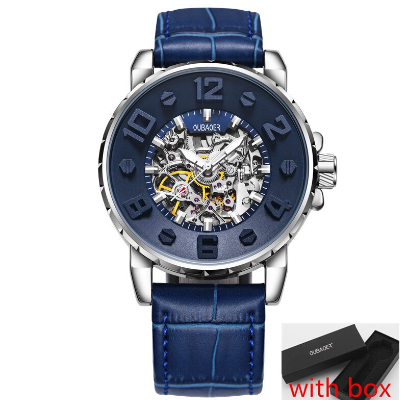 OUBAOER-Reloj de pulsera para hombre, de negocios, automático, Tourbillon, mecánico, resistente al agua, masculino,: silver blue 004A box