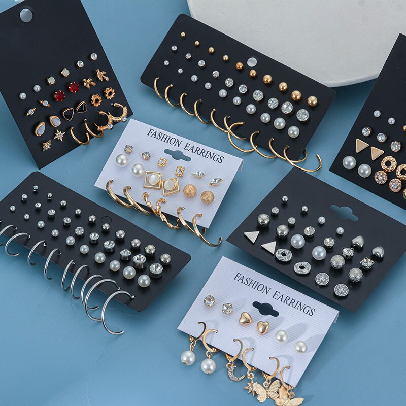 Women's Earrings Pearl Butterfly Earrings Set For Women Bohemian Jewelry 2022 Geometric Heart Crystal Small Stud Earring