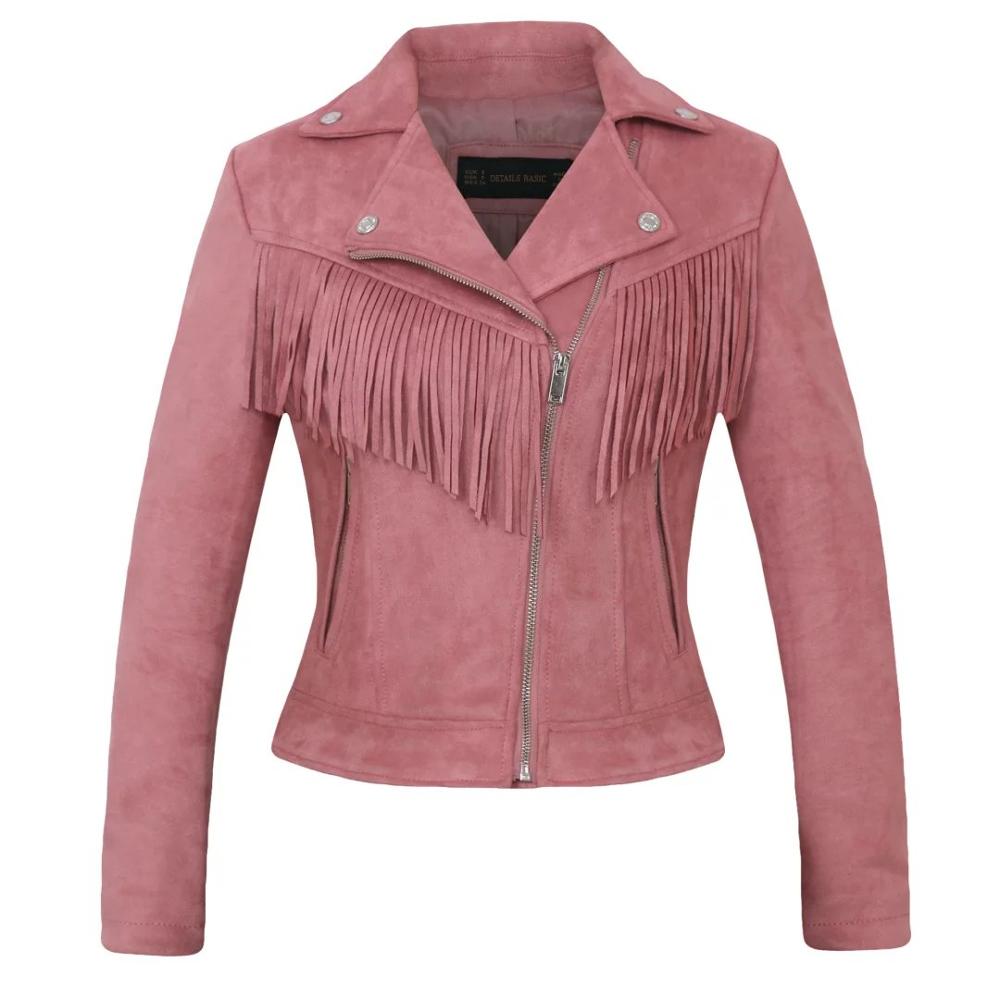 Autumn Winter Women Short Faux Suede Fabric Coat Slim Tassel Leather Jacket Women brown pink coats: X006 Pink / S