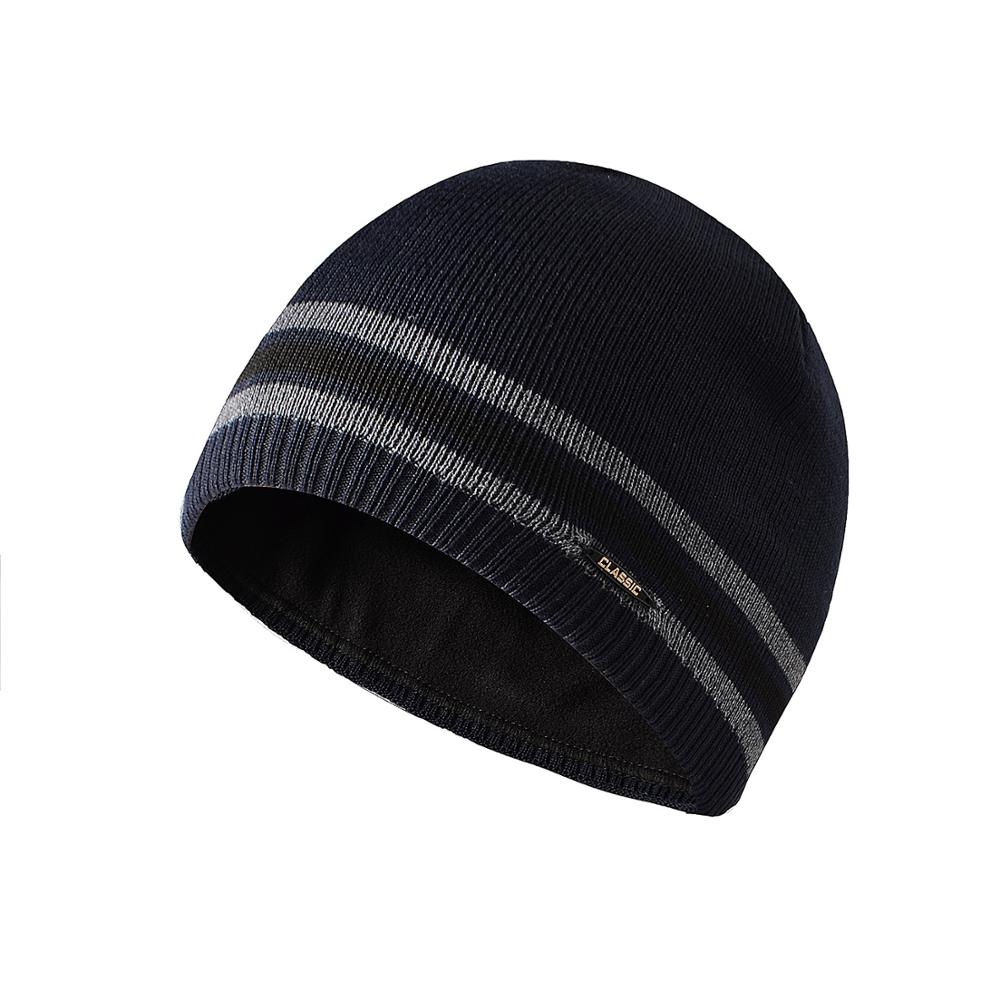 CAMOLAND Winter Plus Fleece Beanies For Men Women Striped Skullcap Warm Knitted Hat Male Sports Hedging Caps: Navy