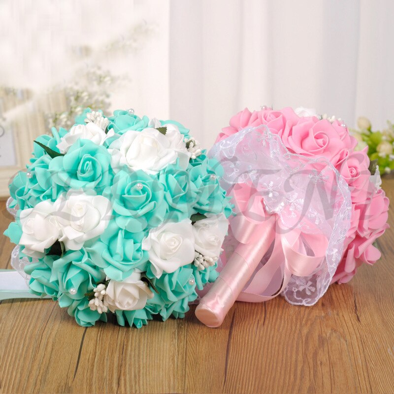 Ramos de novia de flores Artificiales, accesorios de boda, Blanco, Morado, AZUL CIAN, 9,8 pulgadas