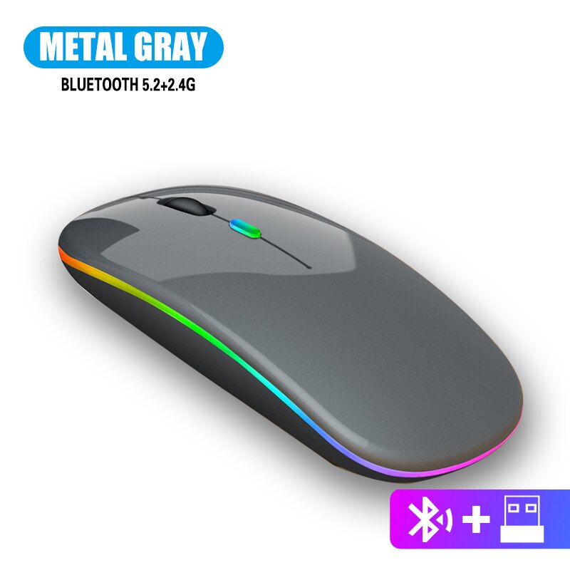 Wireless Mouse 2.4Ghz USB RGB Bluetooth 5.2 Mouse Wireless Computer Silent Mause LED Backlit Ergonomic Gaming Mouse For Laptop: RGB Bluetooth gray