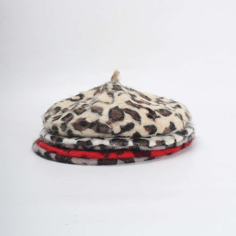 Kvinder imiteret leopard baret print vinterhat rød pige kunstner brun fransk hat uld kashmir forår kvinde vintage flad kasket