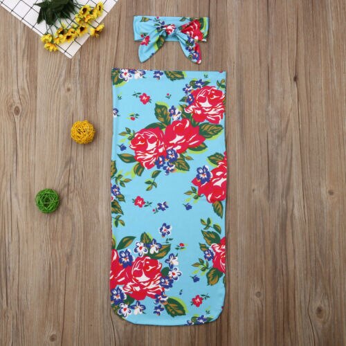 Miękka bawełna noworodka otrzymaniu koc kwiatowy dla niemowląt bawełna przewijać dziecko koc zawinąć śpiwór 2 szt 0-6 M: Niebo niebieski