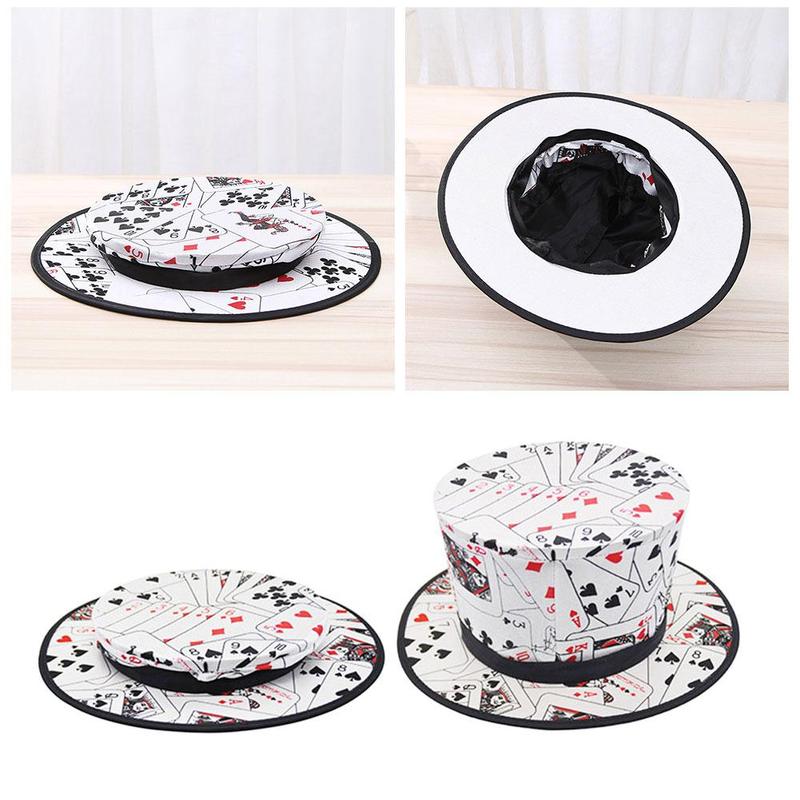 Folding Top Magic Hat Spring Magic Tricks Red Black Playing Card Pattern Appearing Vanishing Hat For Kids Close-up Magic Display