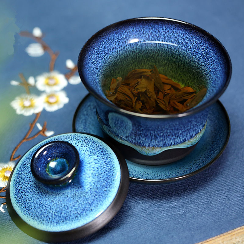 Større gaiwan ovn skifte unik turin kinesisk porcelæn kop skål med underkop låg blå zisha lilla ler glasur dækket skåle