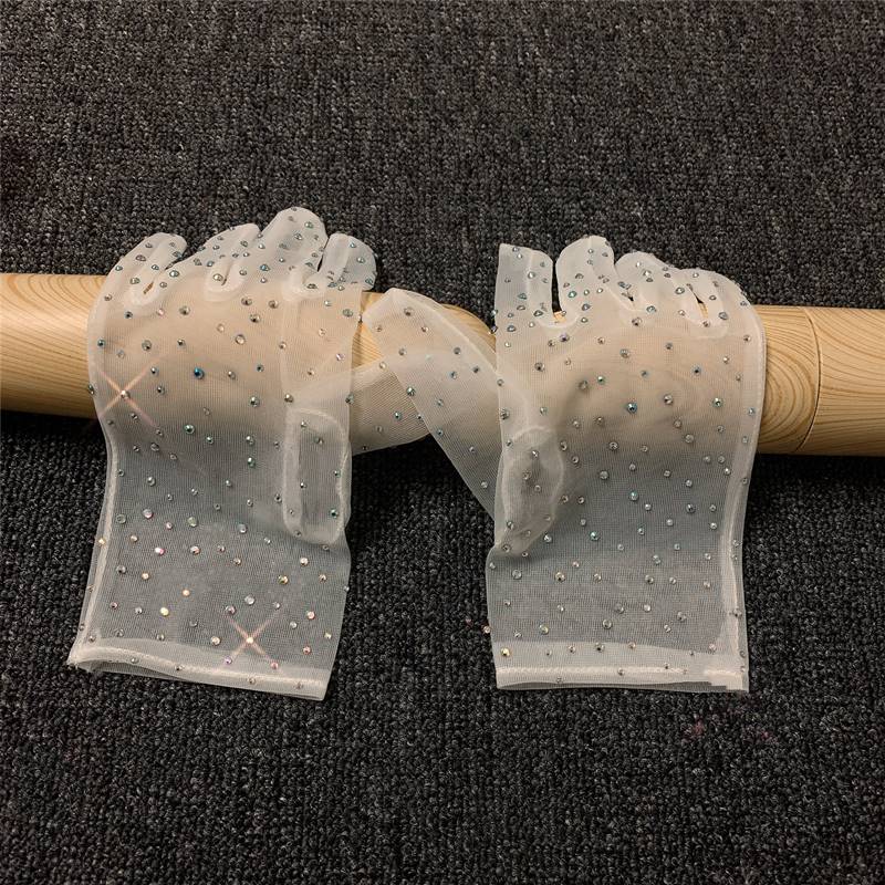 White Champagne Short Wedding Gloves Wrist Length Rhinestones Beaded Bridal Dress Transparent Sheer Gloves Wedding Accessories