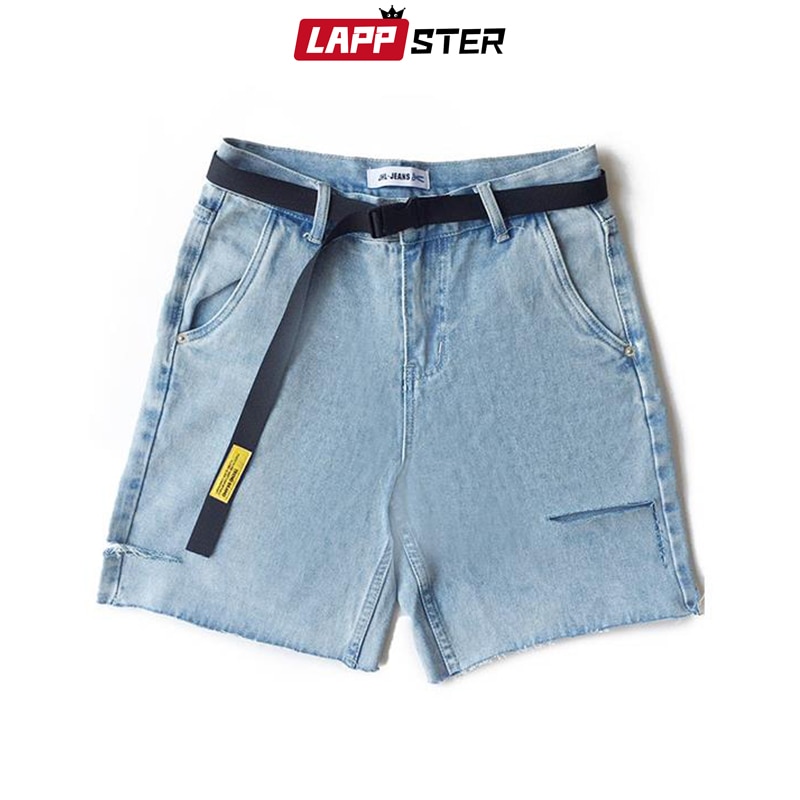 Lappster sommar herr gratis bälte hål jeans shorts herr streetwear hip hop jeansshorts fritidsmode harajuku joggingbyxor