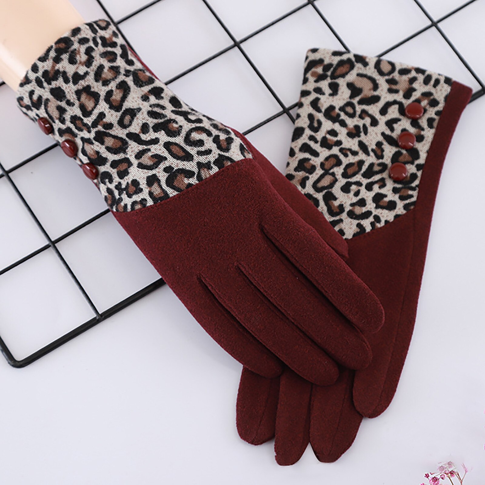 Guantes de mujer con estampado de leopardo, guantes con estampado de leopardo y pantalla táctil de lana para dedo índice, guantes de invierno para mujer: Wine