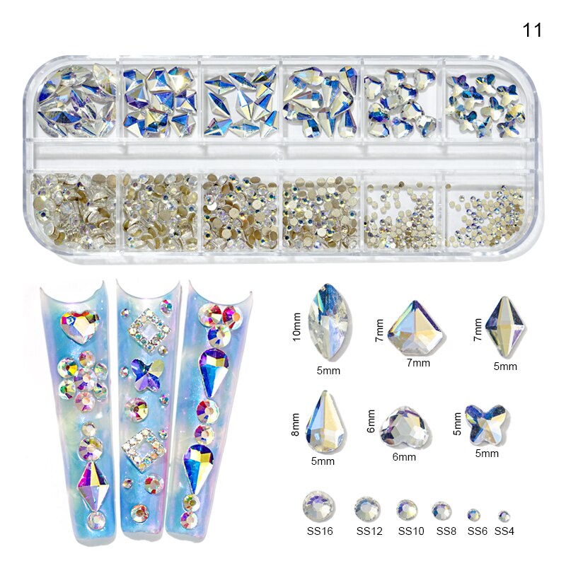 12 gördar blandade storlekar klein blå diamanter nagel strass 3d nail art dekor flatback glänsande kristall 3d glitter ädelstenar strass 1 låda: 11