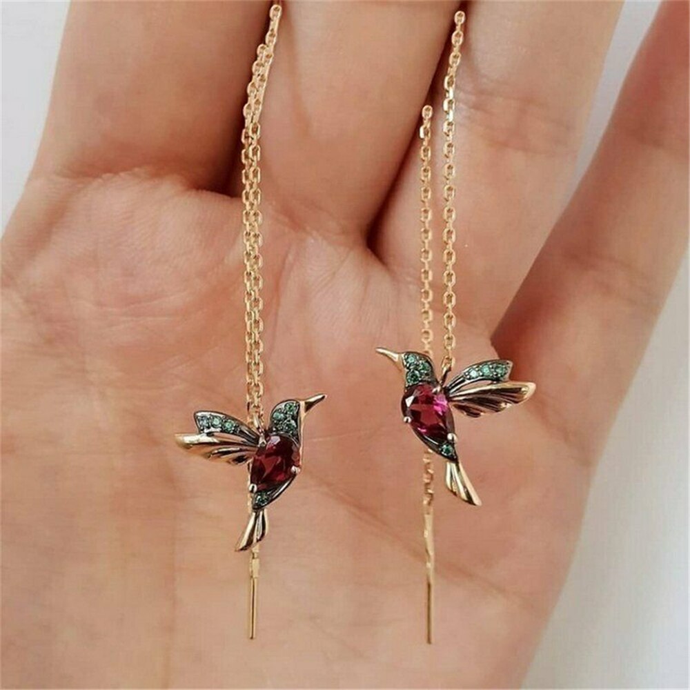 Simulering kolibri stud øreringe threader lang dråbe kvast krystal dingle til kvinder smykker charms: Guldrød