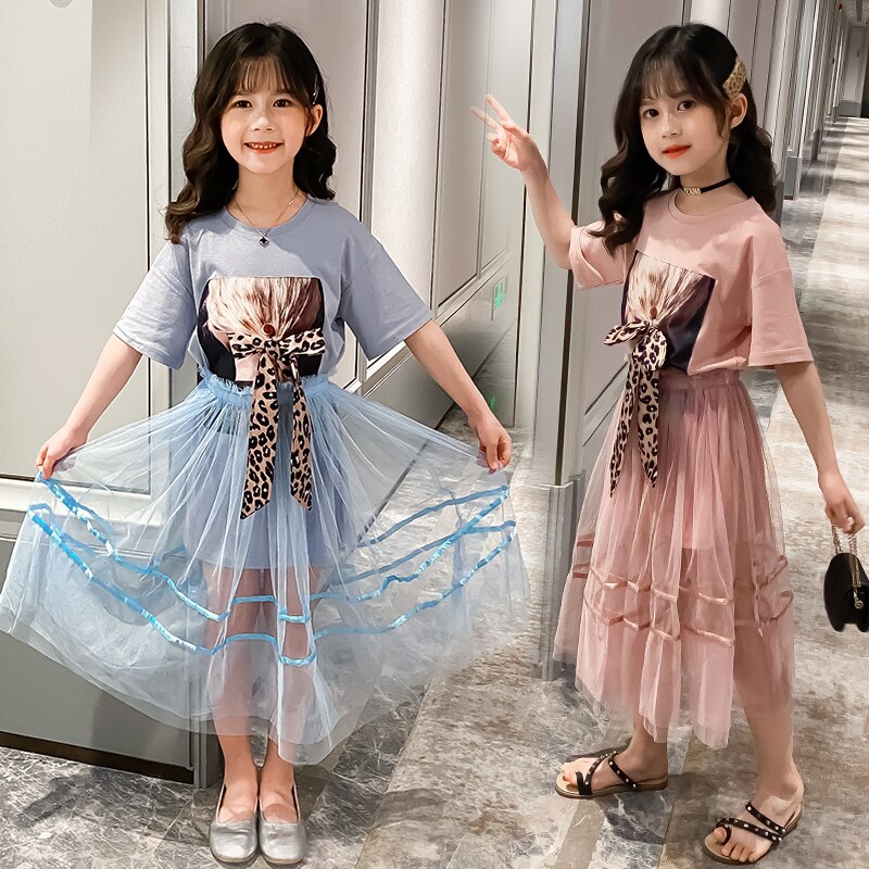 School Clothes Sets For Girls Summer 2Pcs Clothes Set Cotton Tshirt + Mesh Skirt Kids Teenage Outfits 4 6 8 10 12 Years