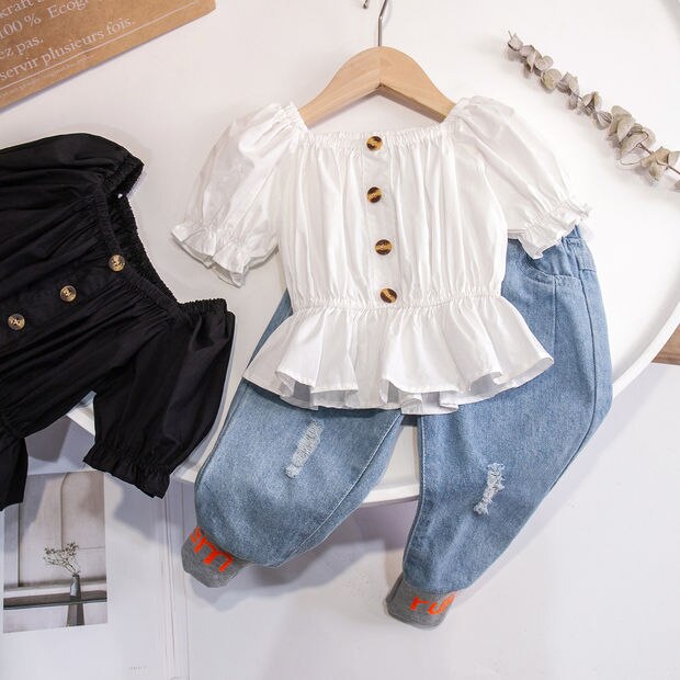 Summer Blouse for Big Girls Casual Clothes Children Puff Sleeve Girl Shirt Kids Sweet Blouses Tops Q74