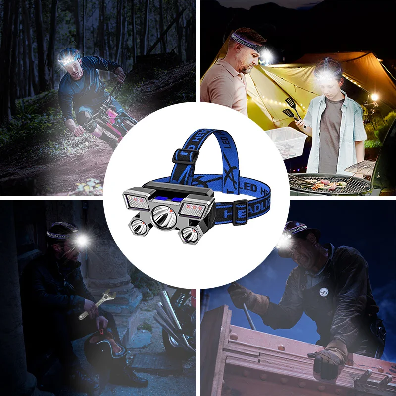 USB wiederaufladbare Stirnlampe, tragbar, 5 LED-Scheinwerfer, eingebaute Batterie, Taschenlampe, tragbar, wasserdicht, Angeln, Camping, Kopflicht