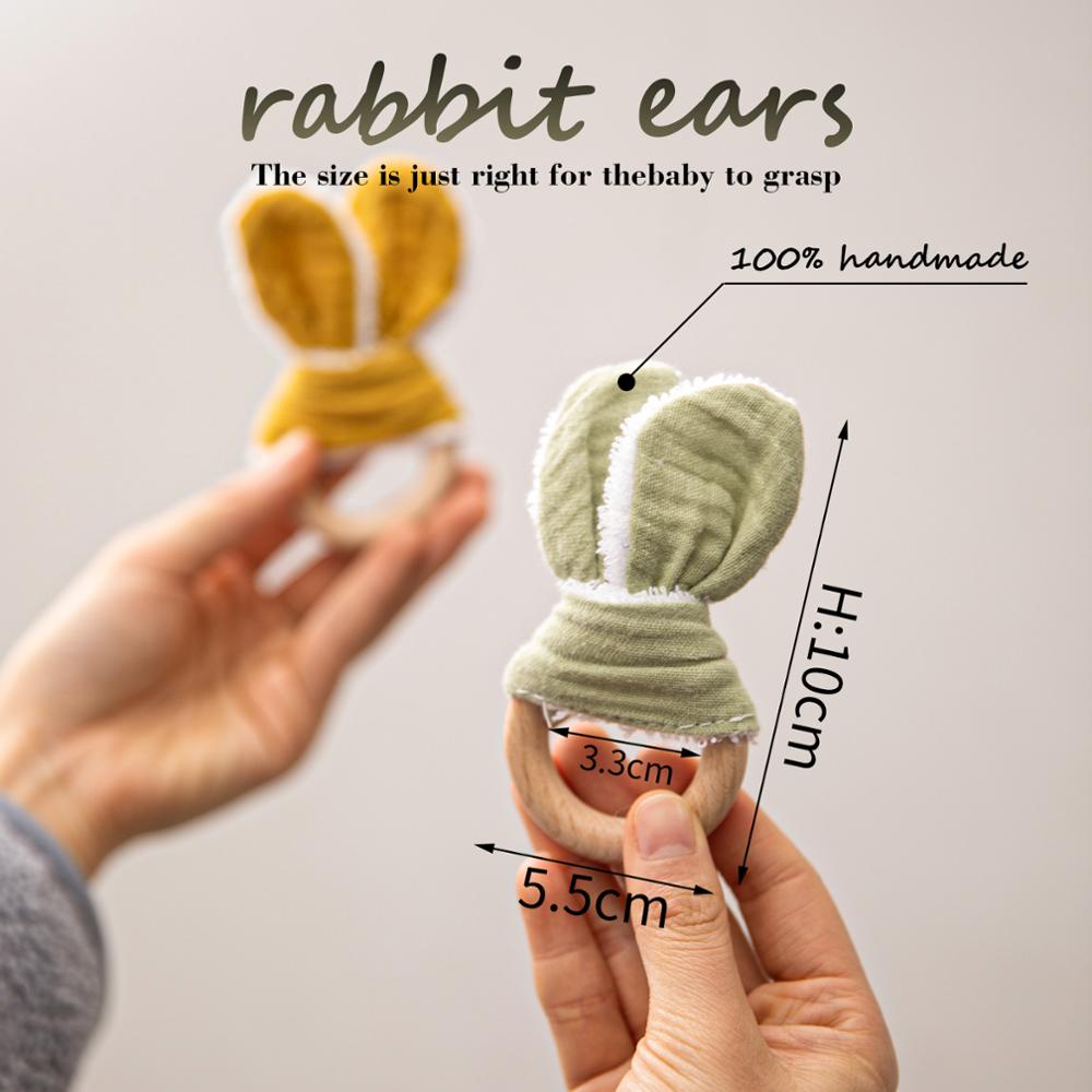 2 teile/satz Baumwolle Hase Ohr Rasseln Spielzeug Baby Buche Holz Zahnen Diy Armbinde Kinderwagen Kette Hase Ohr Baby Rassel Spielzeug