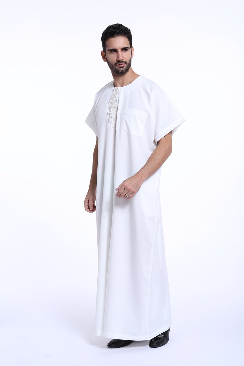 Islamitische kleding voor mannen, arabische borduurwerk abaya, grote maten dubai, heren kaftan met korte mouwen, jubba-kleding: Wit / Ik