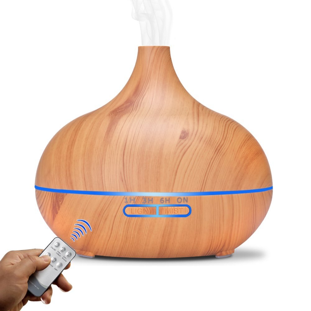 550ML Aroma Diffusor Ultraschall-luftbefeuchter Holzmaserung 7 Farbe Nacht Licht Fernbedienung Elektrische Ätherisches Öl Aromatherapie Diffusor: hell Holz Getreide / UK Stecker
