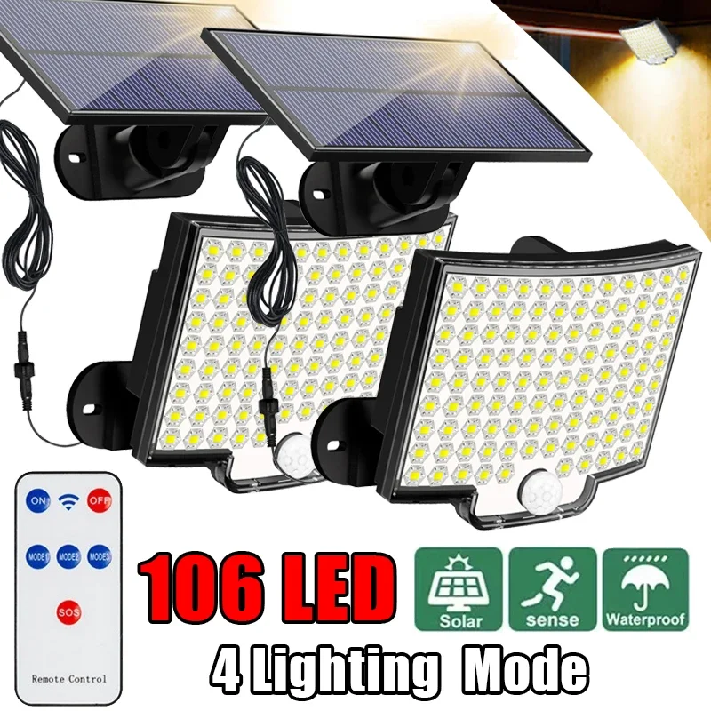 Luz de movimiento Solar de 106 LED, Panel separado para exteriores, luces de inundación solares, 4 modos de trabajo para luces de pared impermeables para jardín y garaje