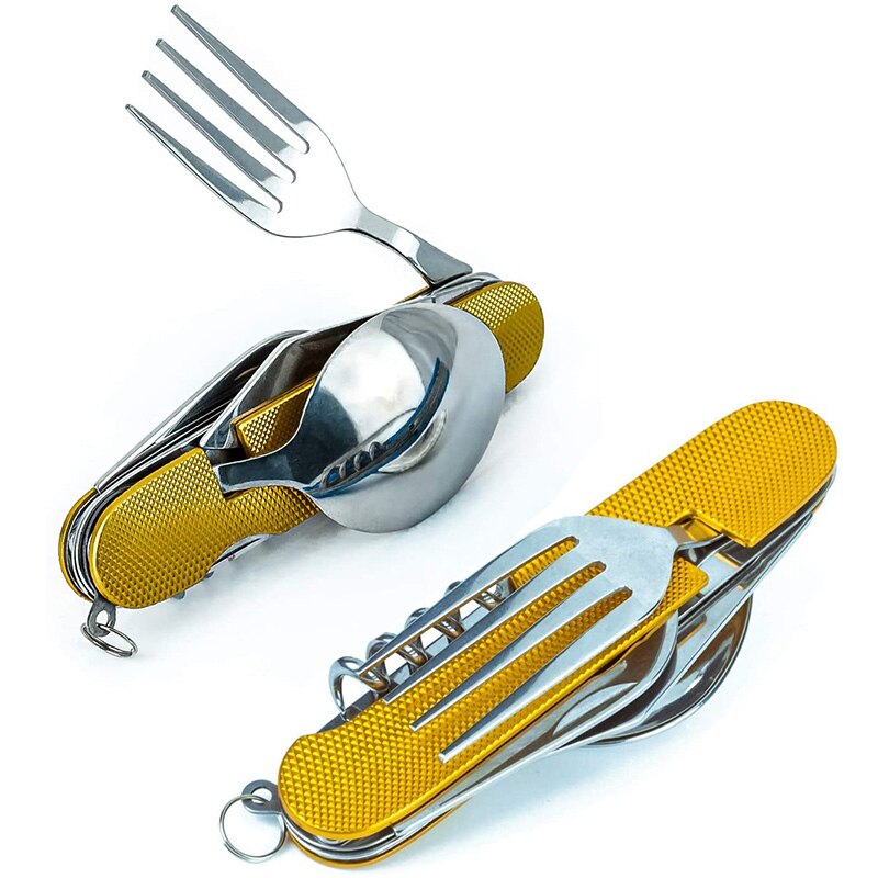 Multifunctional Foldable Pocket Stainless Steel Outdoor Camping Picnic Cutlery Knife Fork Spoon Tableware Parts: Gold 2pcs
