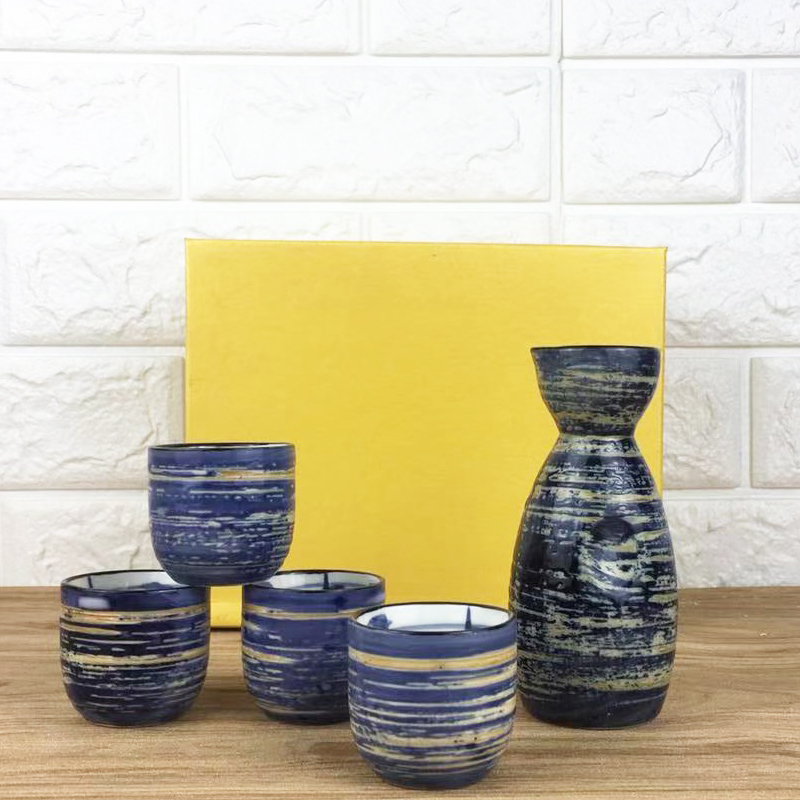 5 Pcs Ceramic Japanese Sake Set Bottle Cups With Cork Stopper Bar Crockery Wine Warm Sets 16 Pattern Wood Tray: C