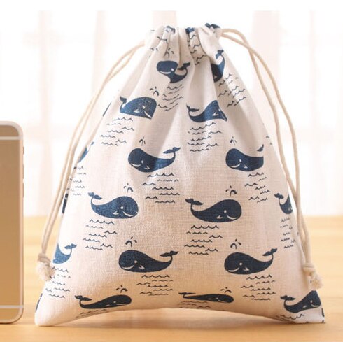 Handmade Cotton Linen Women Drawstring Bags Casual Cartoon Print Travel Home Storage Bag Environmental Reusable Fabric Pouch Bag: whale M