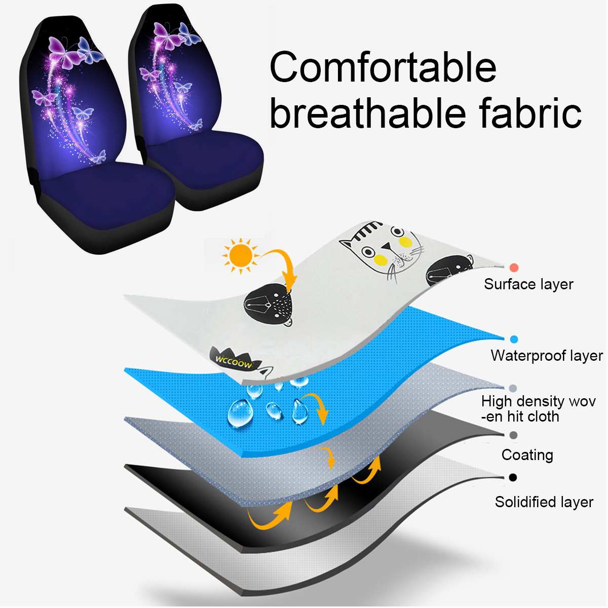 2/7Pcs Full Set Car Seat Covers Universal Butterfly Print Waterproof Seat Cushion Protector Set Van Auto Interior Accessories