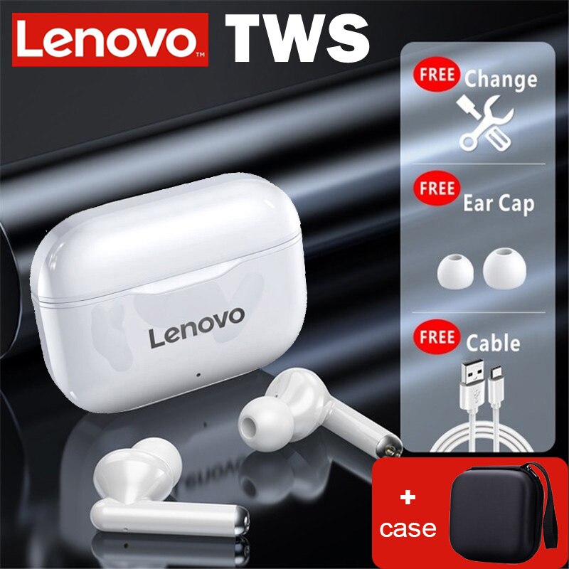 Lenovo LP1 TWS Earphone Bluetooth 5.0 Wireless Headset Waterproof Sport Earbud Noise Cancelling Headphones Dual Stereo HIFI Bass: white with case