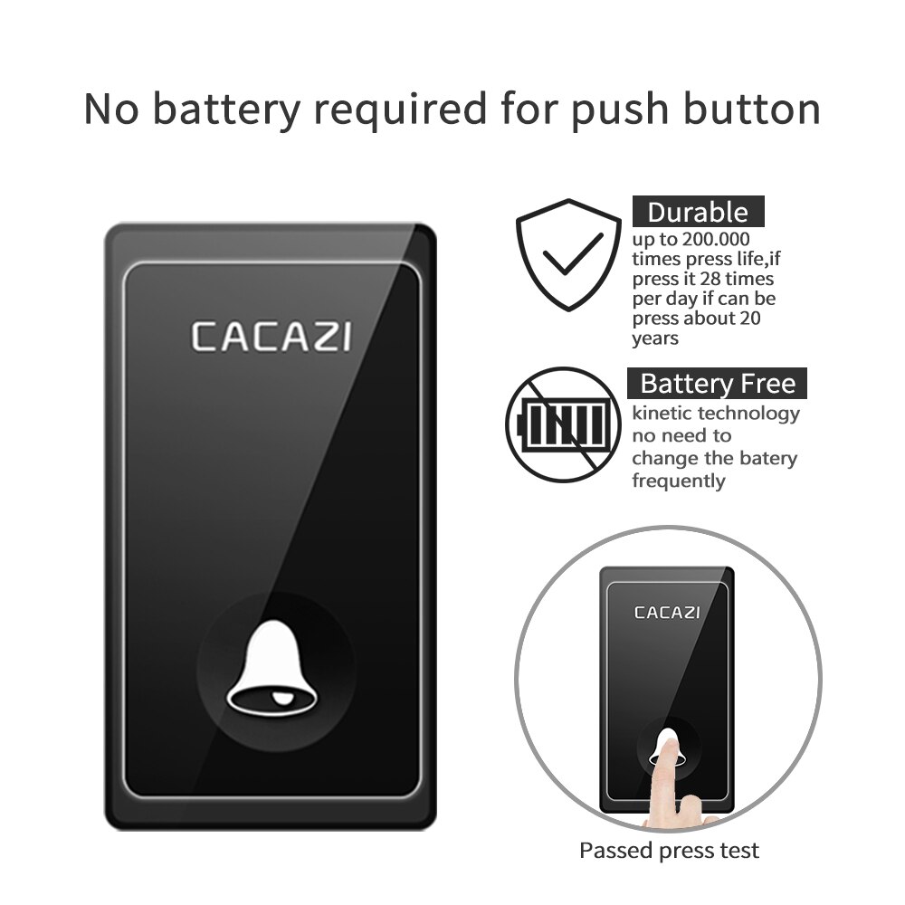 CACAZI – sonnette sans fil à 58 carillons auto-alimentés, 4 niveaux, 80db, 200M, étanche, aucune batterie requise, prise US EU UK, sonnette d'appel à domicile
