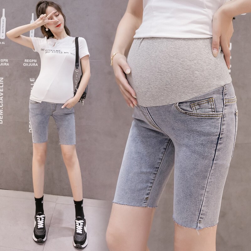 Jeans høj talje mave slank stretch shorts lyseblå denim capri-bukser barsel tøj gravide kvinder 1098: M