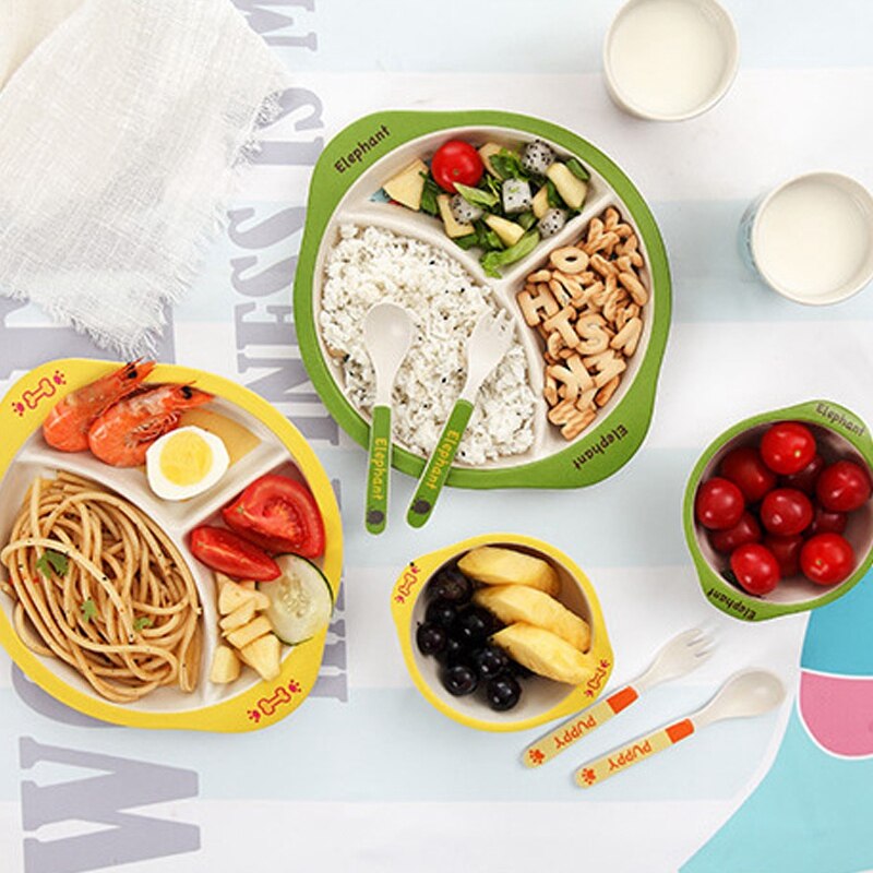 Bamboo Fiber Baby Cartoon Eating Tableware Kids Dinner Plate Toddler Feeding Dishes Children Training Bowl Spoon Fork 5Pcs/Set E