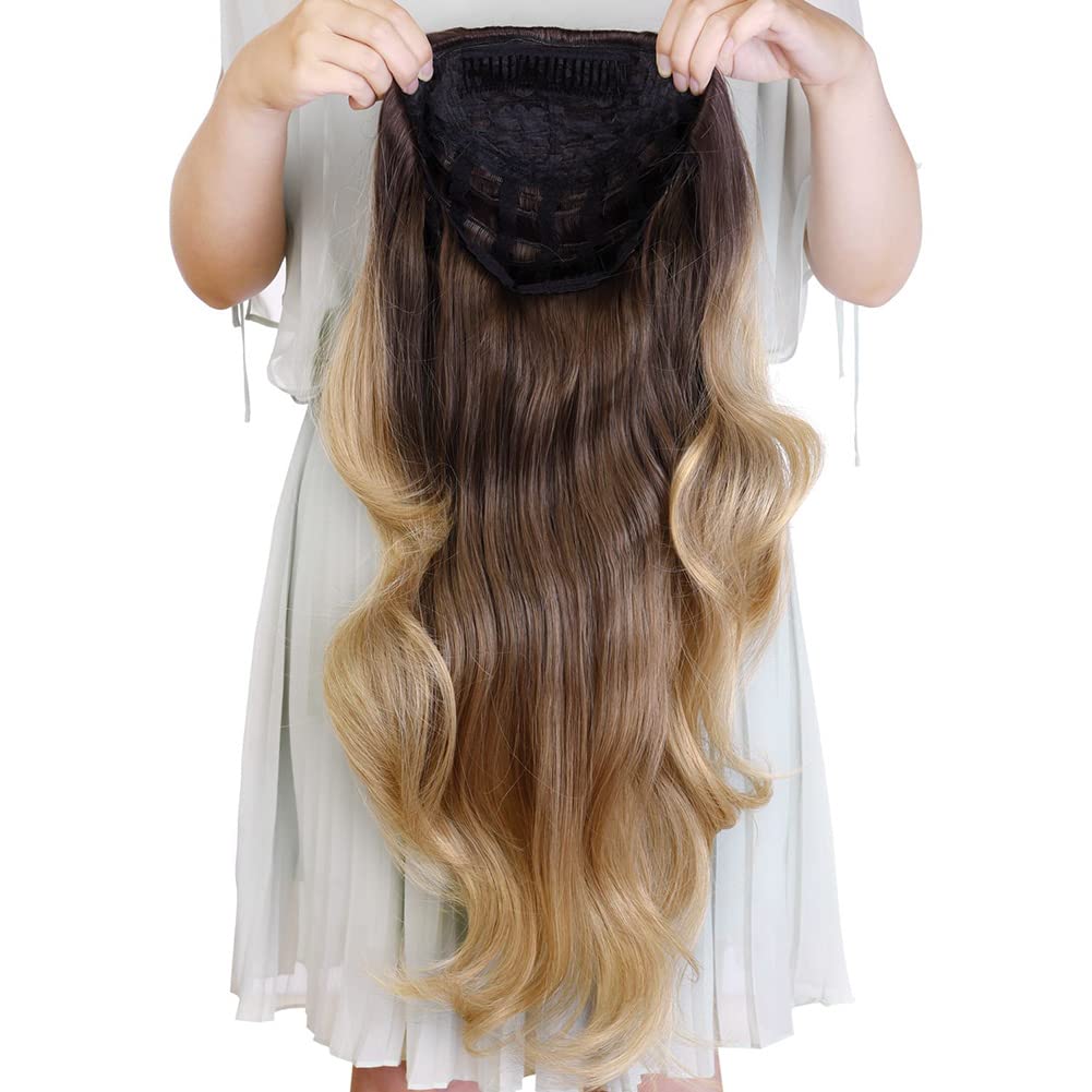 24 Polegada sintético longo ondulado cabeça amarrada 3/4 meia perucas para mulheres com clipes em, perucas loiras de extensão de cabelo: T1B/613