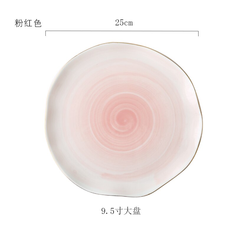 European Style Gold Rim Spot Ceramic Plate Rice Dish Fish Dish Steak Dish Western Dish Dessert Plate Tableware Set Decoration: 9.5 inch pink