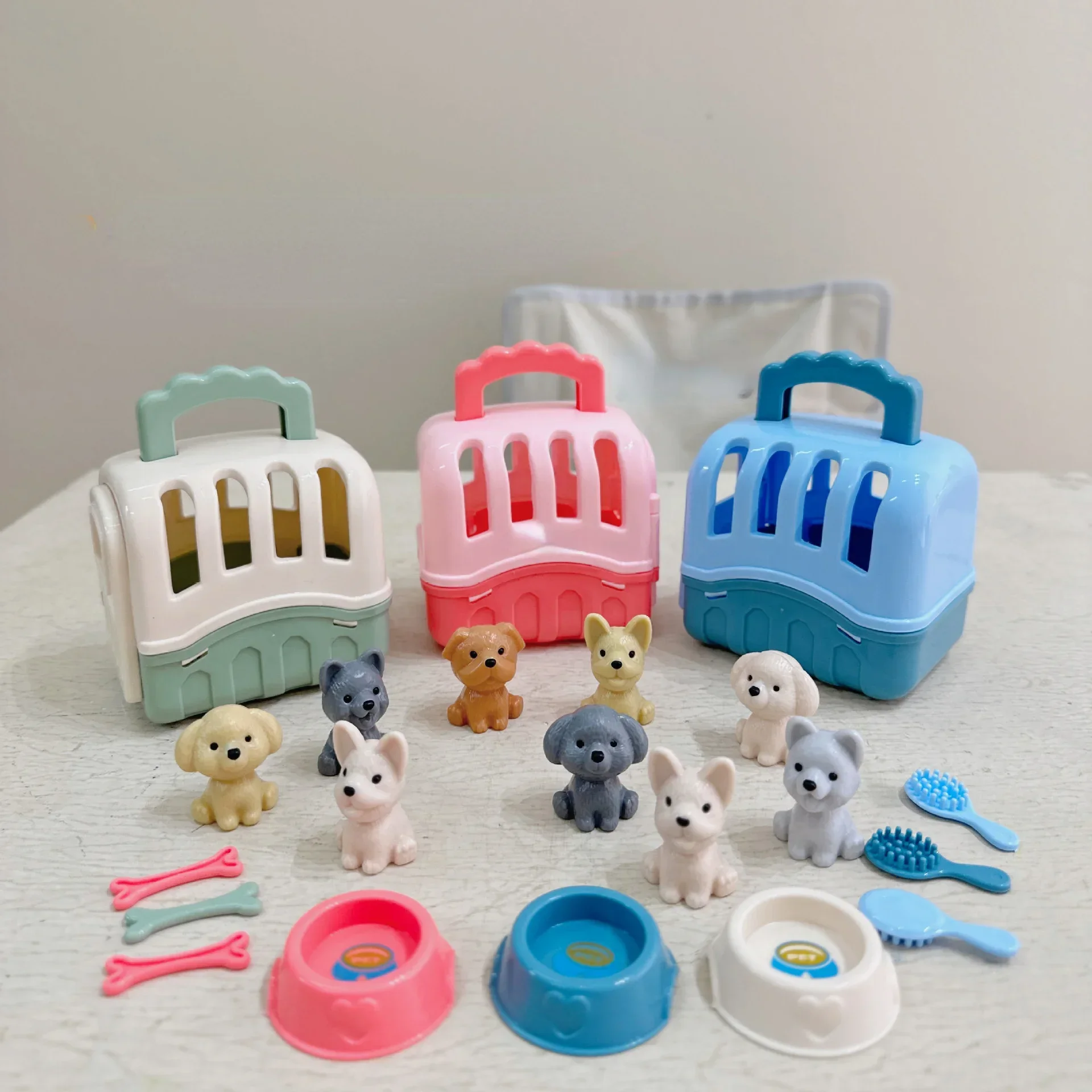 8pcs/set Cute Dog Pet Basket Family Toys Dog Doll Set Dog Cage Toys Scene Playing Toys Christmas Decoration