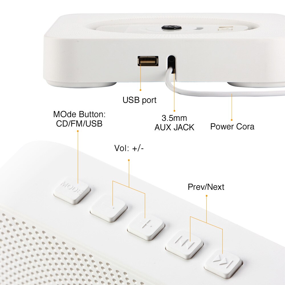 Wall Mounted CD Player Surround Sound FM Radio Bluetooth USB MP3 Disk Portable Music Player Remote Control Home Stereo Speaker