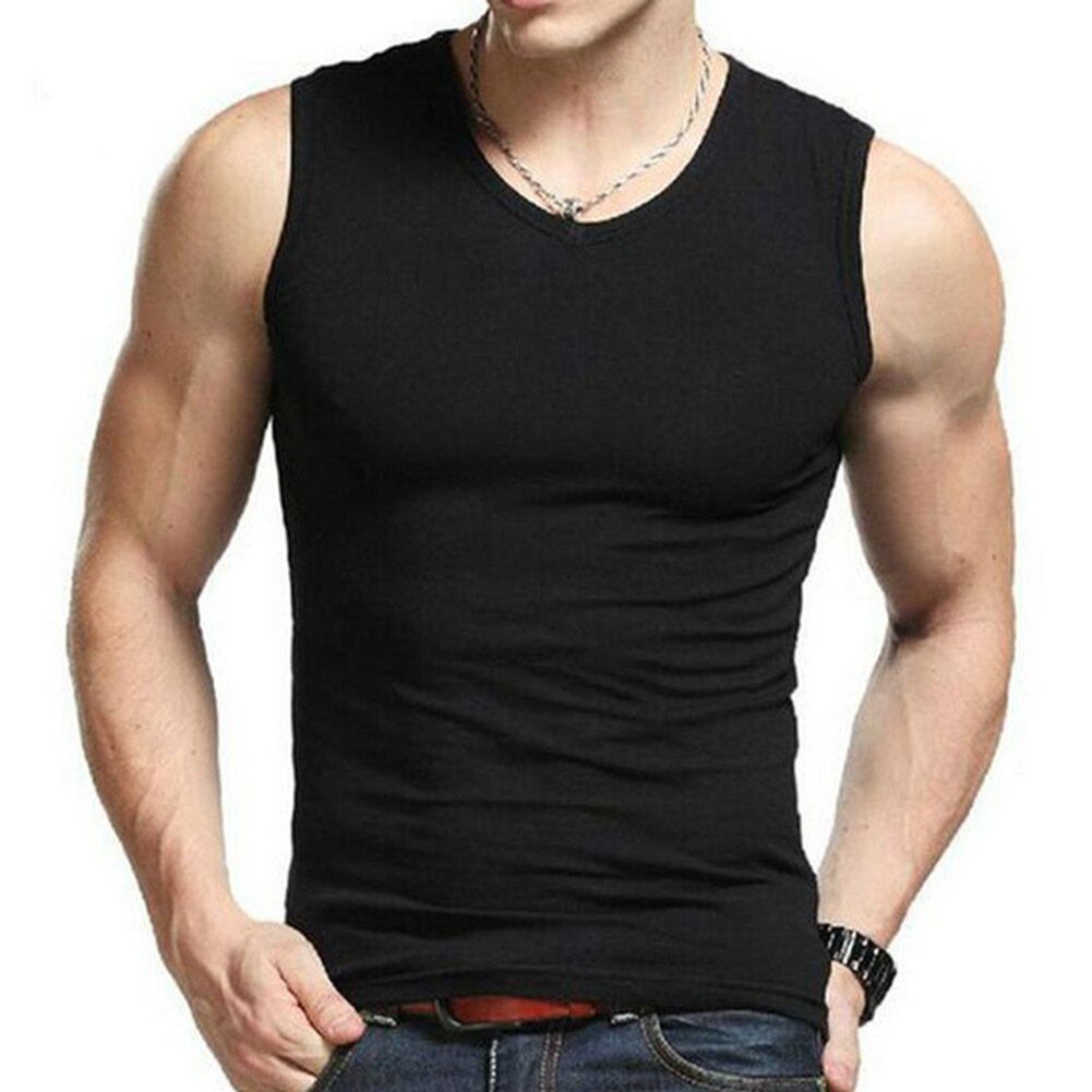 Mænd ensfarvet ærmeløs rundhalset vest slim fit fitness tank top undertrøje gym vest
