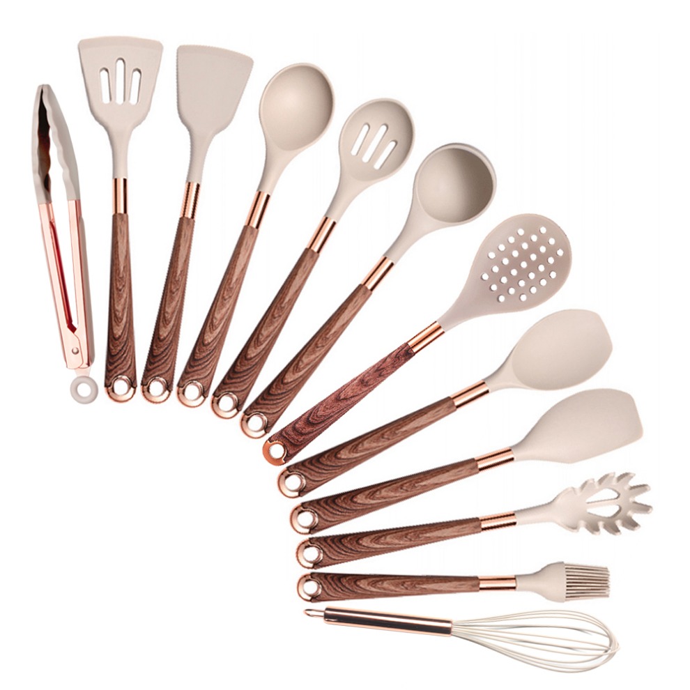 Silicone Cooking Utensils Set Heat Resistant Kitchen Spatula Spoon Non-Stick Tools With Rose Gold-Plated Handle And Holder: Orange