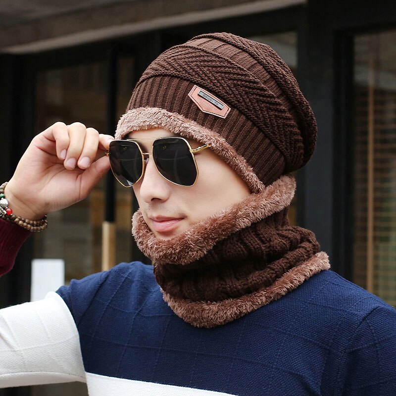 Calymel Men's Cap Set Outdoor Ski Cap Winter Warm Wool Knit Hat And Scarf Earmuffs Hat: G30 brown