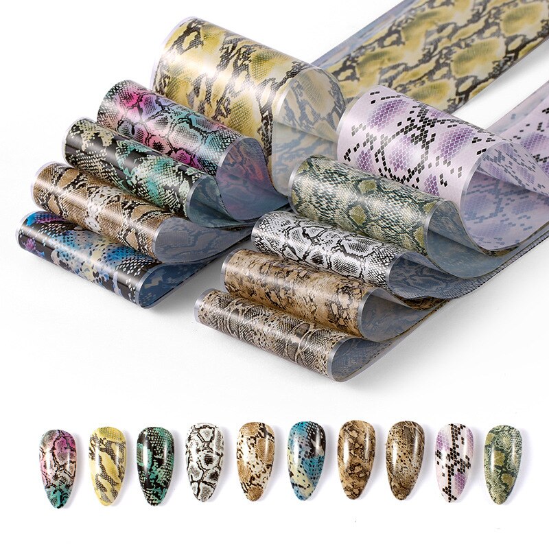 10 Stks/set Nail Art Stickers 3D Snake Skin Nail Folies Nail Transfer Sexy Folie Stickers Zelfklevende Folie Wraps Nail Art decoraties