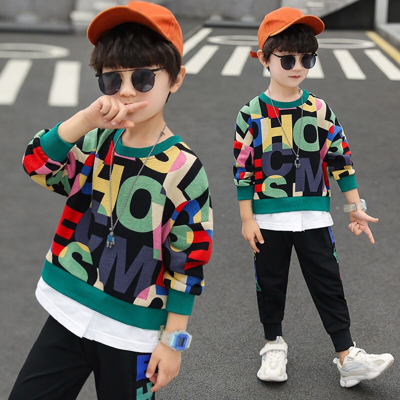 Spring Autumn Boys Clothing Set Casual Hip-hop Letter Colorful Long Sleeve T-Shirt + Pants 2Pcs Suit Performance Kids Clothes