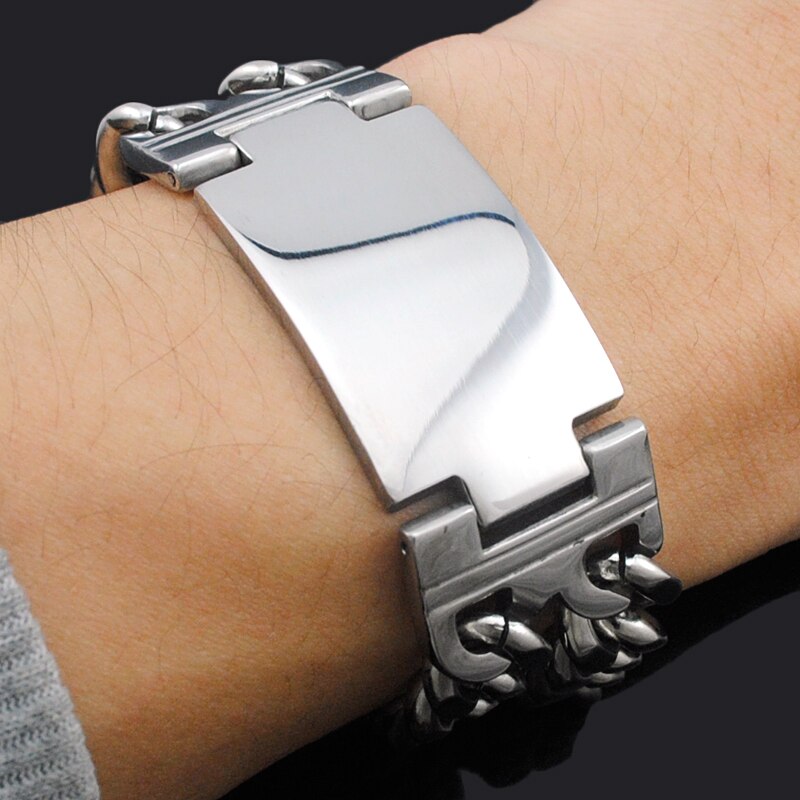 ATGO wide bracelet stainless steel ID Chain 20cm*24mm high polished jewelry for men bangle cool big heavy bijoux rock BB030