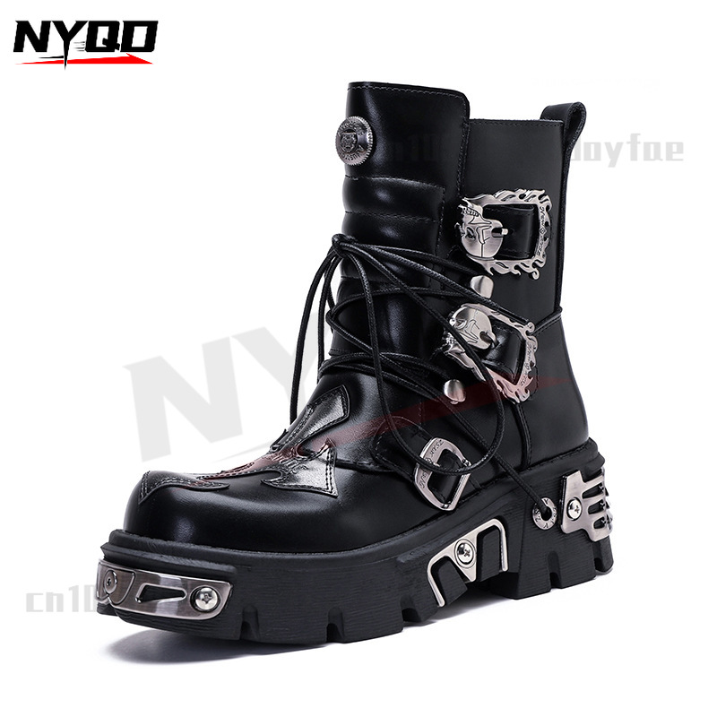retro lässig Hohe Stiefel unisex Metall Felsen Dicken Sohlen Stiefel Motorrad Stiefel Männer Motorrad Schuhe botas moto