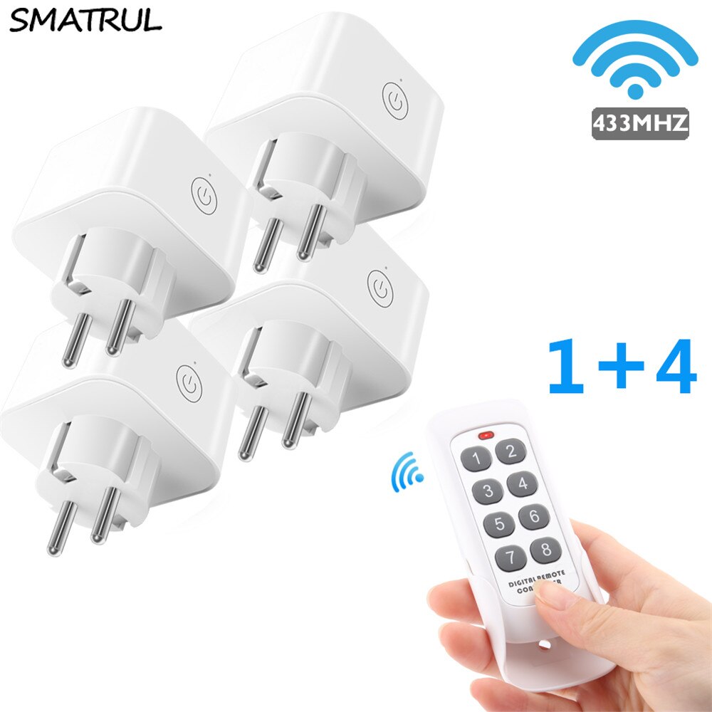 SMATRUL 8 Keys Wireless Remote Control Smart Socket EU Plug Wall 433mhz Programmable Electrical Outlet Switch 220v 230v LED: 1 remote 4 socket EU