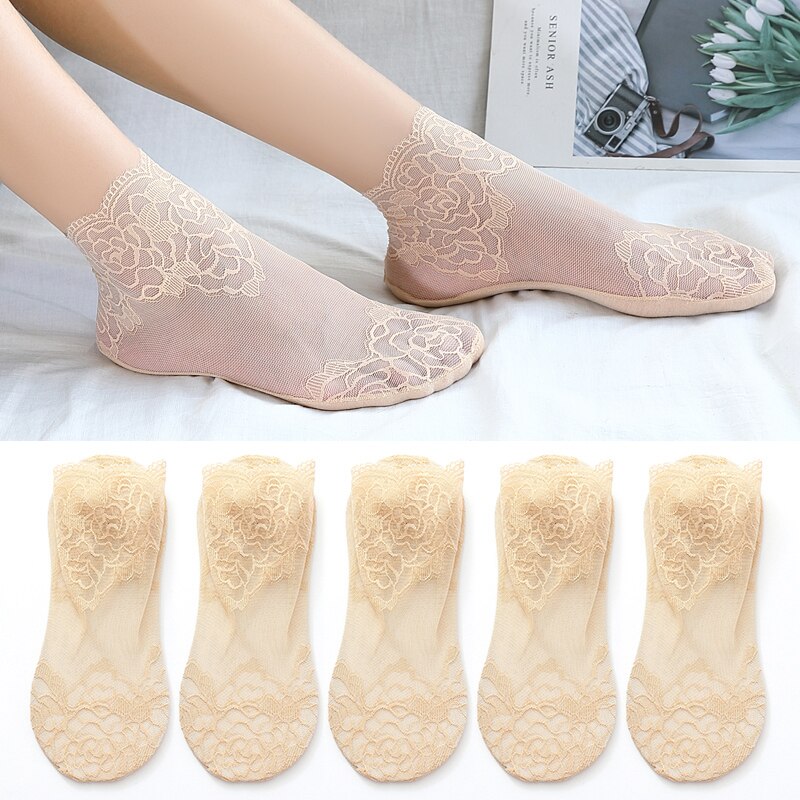 Calcetines tobilleros invisibles antideslizantes para mujer y niña, medias de malla de encaje con flores, elásticas, ultrafinas, 5 pares: 5Pairs Skin
