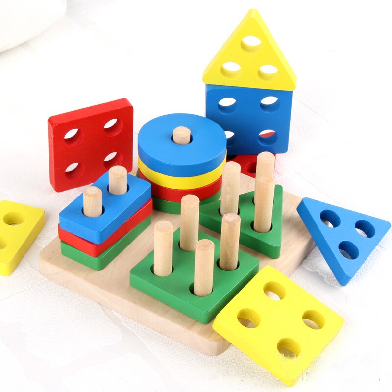 Colorful Geometric Shapes Matching Toys Hands-on Ability Four Columns Block Montessiri Wooden Educational Toy For Kids