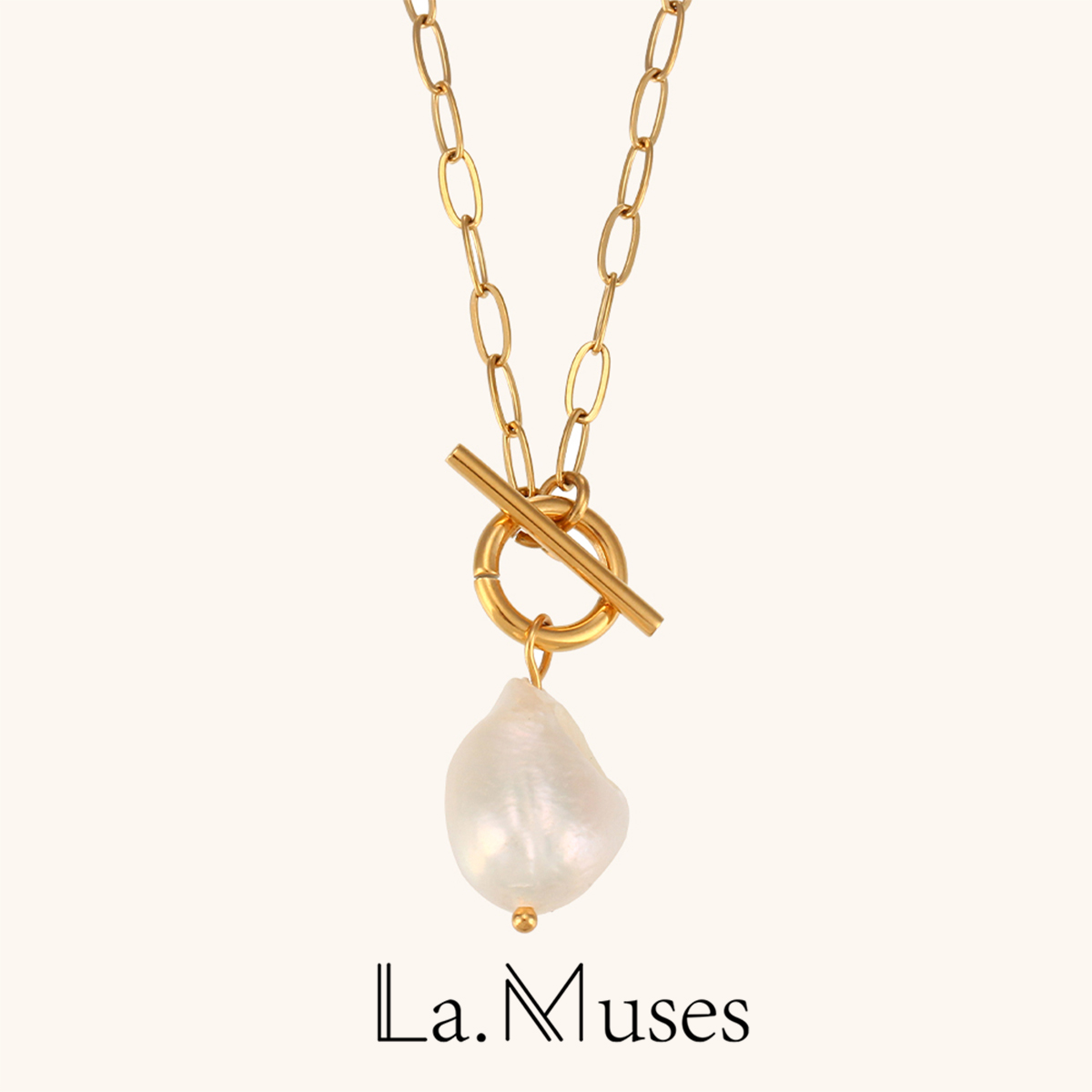 La. Muses-Pendentif perle d'eau douce baroque pour femme, collier en acier inoxydable, plaqué or 18 carats, de bijoux fantaisie