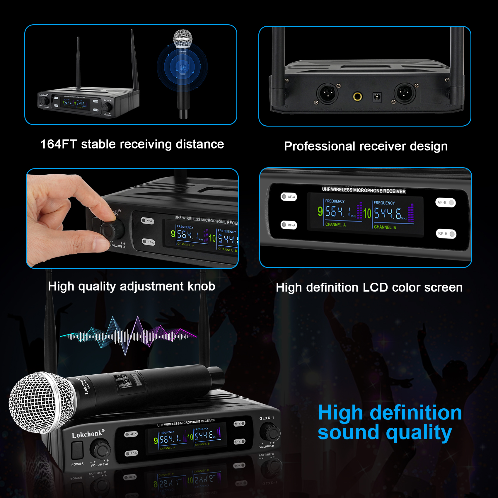 GLXD1 Wireless Microphone System Dual Channel UHF Fixed Frequency Cordless Handheld Dynamic Mic For Karaoke Party